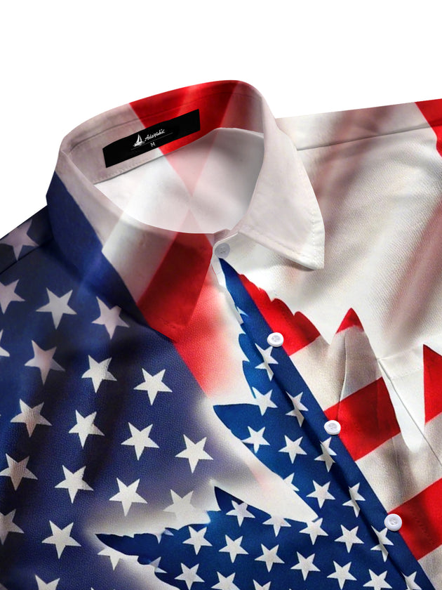 Men patriotic American flag maple leaf print pocket short sleeve shirt side view