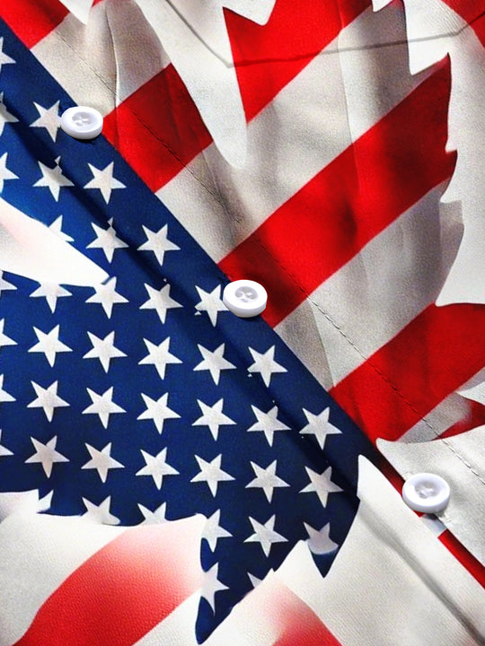 Men's American flag maple leaf print short sleeve shirt flat lay pattern detail