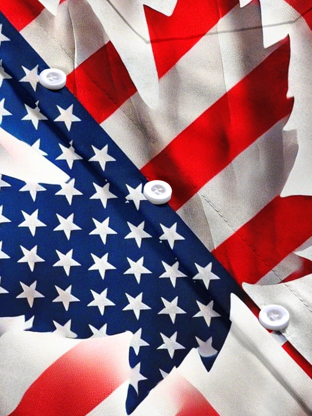 Men's American flag maple leaf print short sleeve shirt flat lay pattern detail