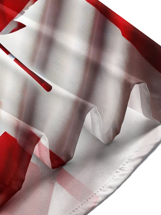 Men wearing American flag maple leaf print short sleeve shirt at Independence Day barbecue