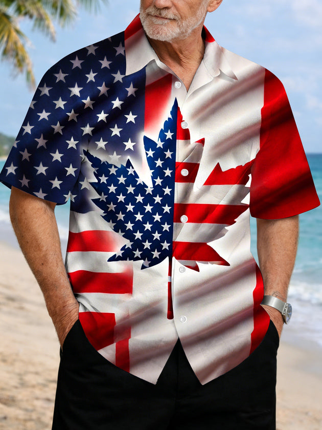 Men's American flag maple leaf print short sleeve shirt front view for Independence Day