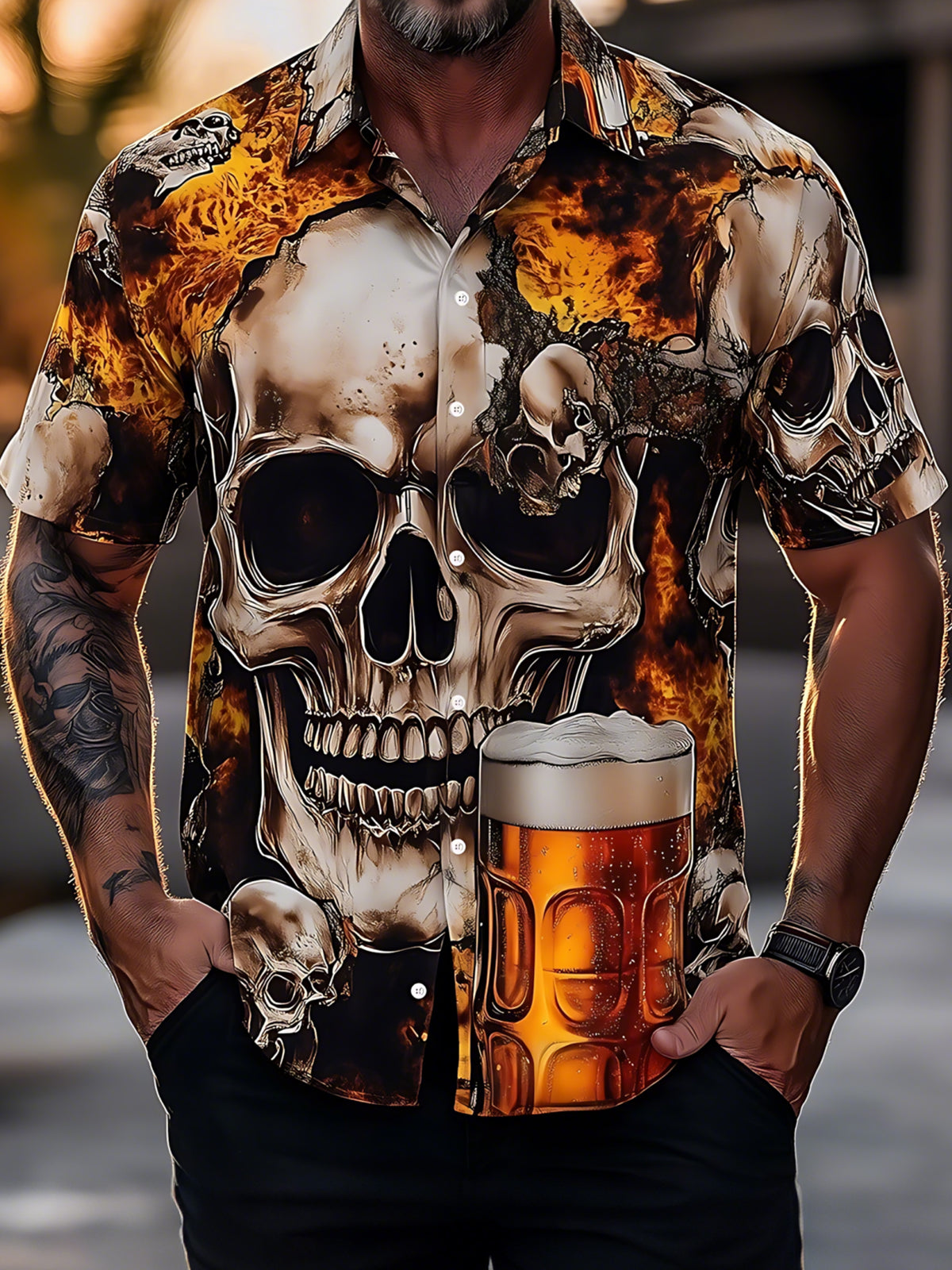 Skull Beer Print Men's Pocket Short Sleeve Shirts