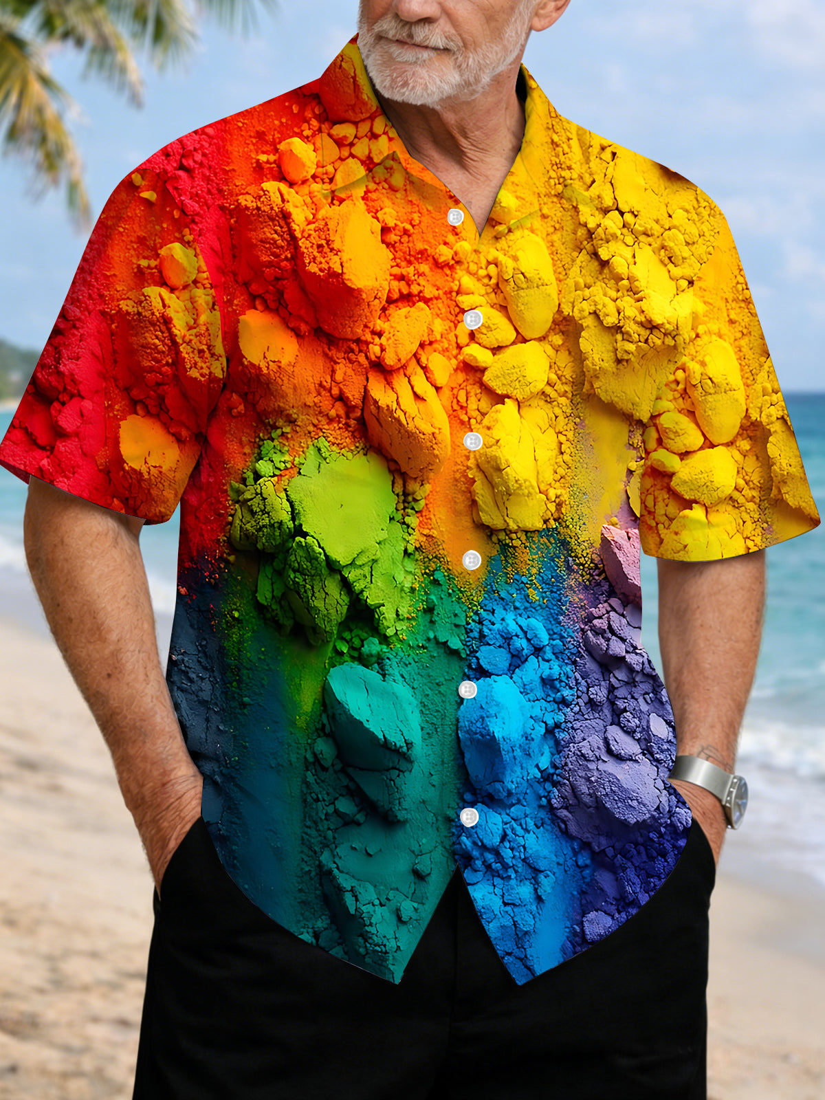 Rainbow Powder Print Men's Pocket Short Sleeve Shirts