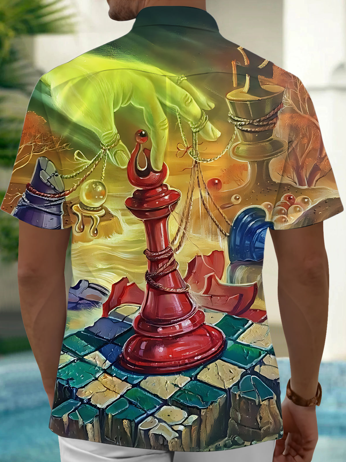 Men's chess art print pocket short sleeve shirt back view