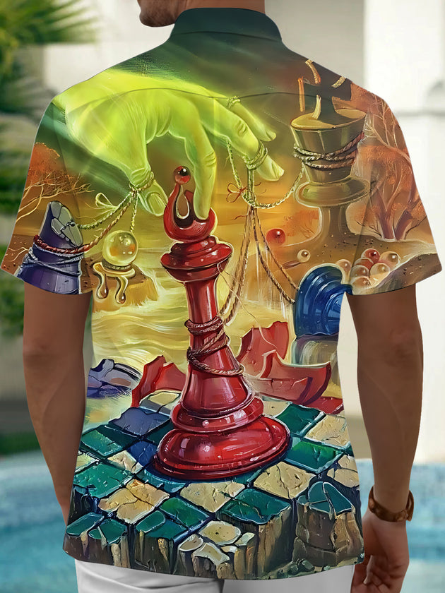 Men's chess art print pocket short sleeve shirt back view