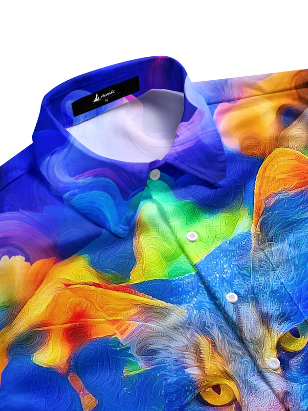 Men's cat print half sleeve shirt side view