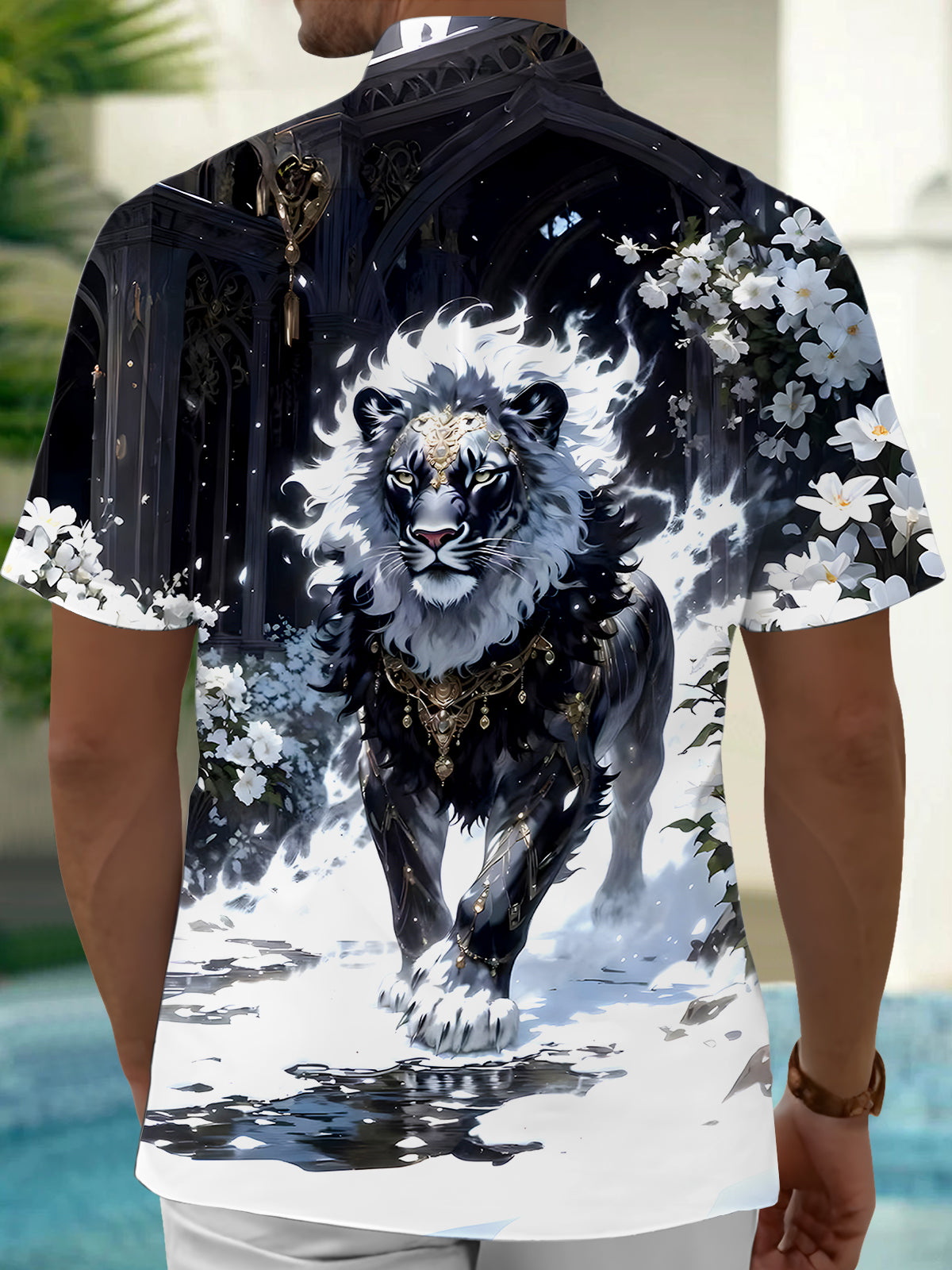Lion Floral Men's Pocket Short Sleeve Shirts