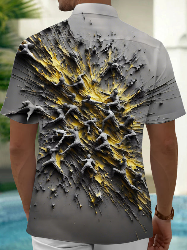 Men's Black Art Print Pocket Short Sleeve Shirt Back View