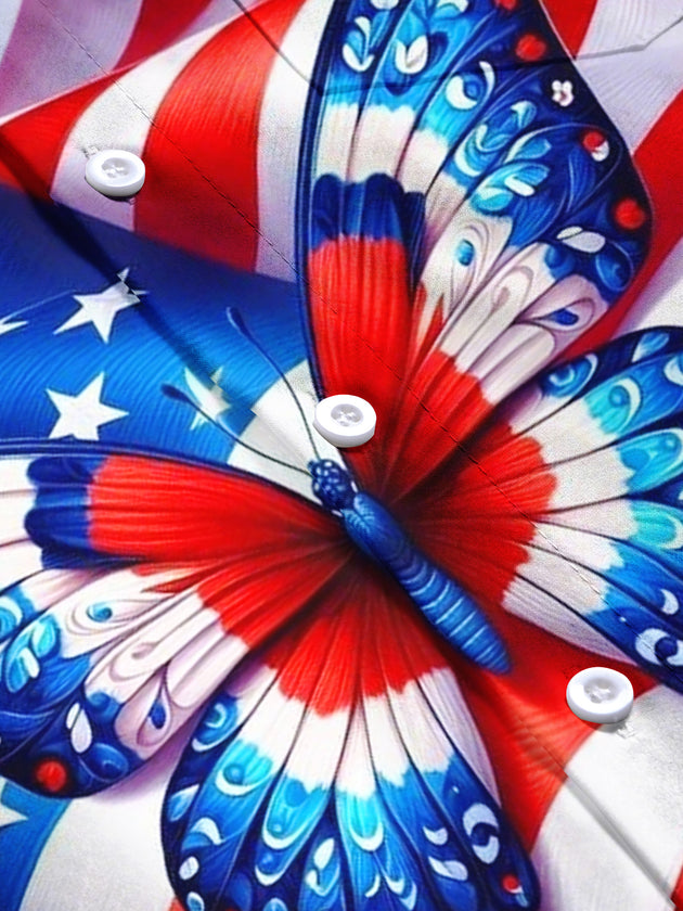 Men's short sleeve shirt with American flag print pattern in flat lay view