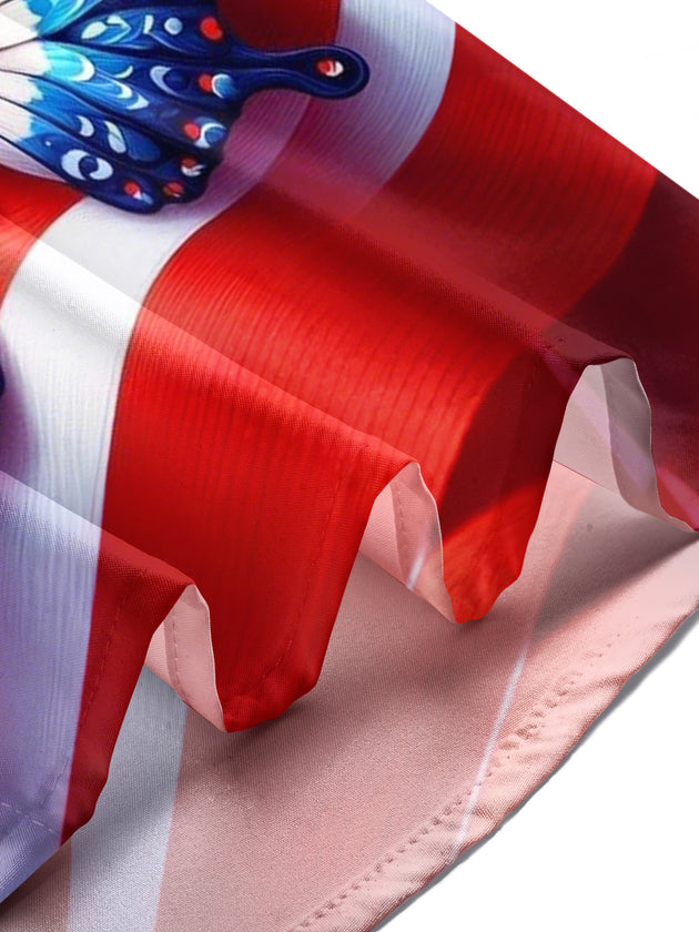 Men wearing American flag print short sleeve shirt outdoors celebrating Independence Day