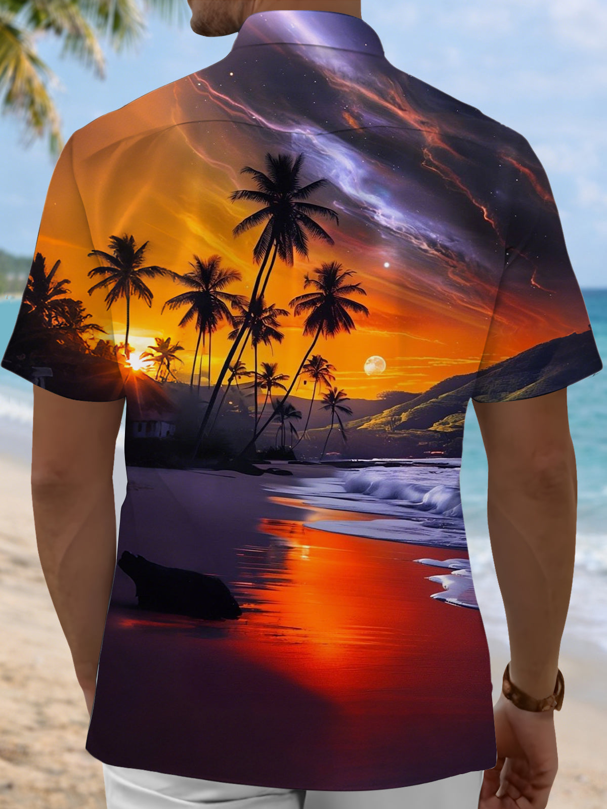 Hawaiian Beach Sunset Scenery Print Men's Pocket Short Sleeve Shirts