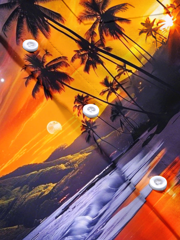 Men's Hawaiian floral beach scenery print short sleeve shirt flat lay