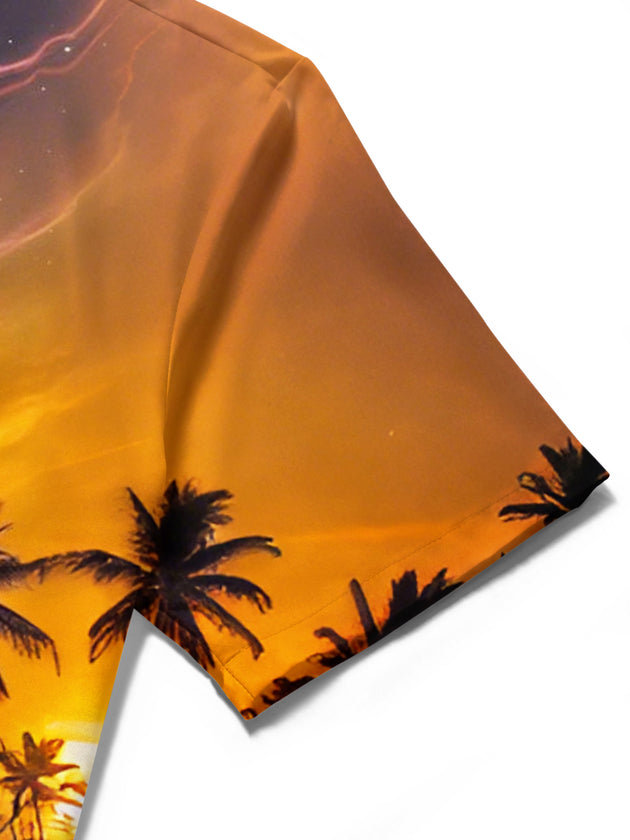 Men's Hawaiian sunset scenery short sleeve shirt close-up detail of pocket and print