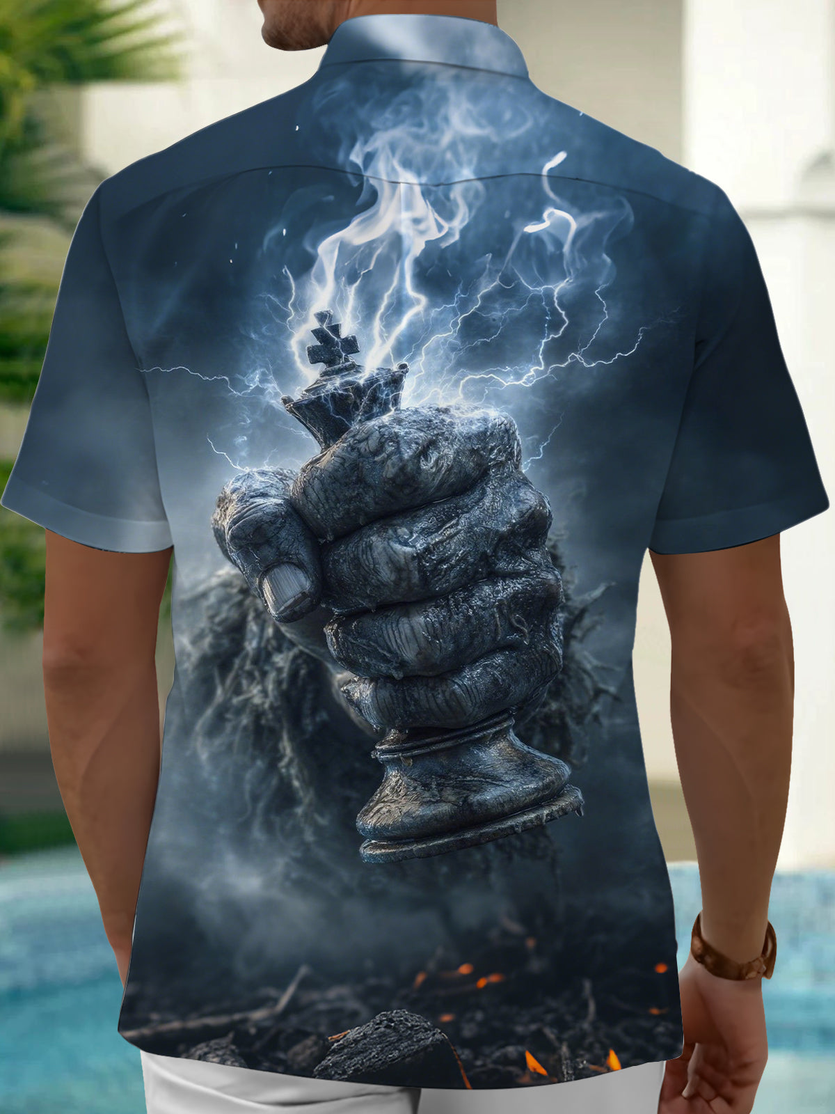 Men's Chess Fist Print Pocket Short Sleeve Shirt back view