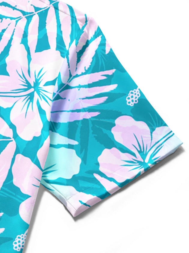 Men's blue Hawaiian floral short sleeve shirt close-up detail view