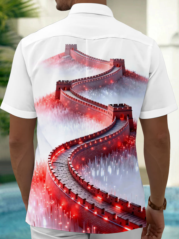 Men's Great Wall Print short sleeve pocket shirt back view