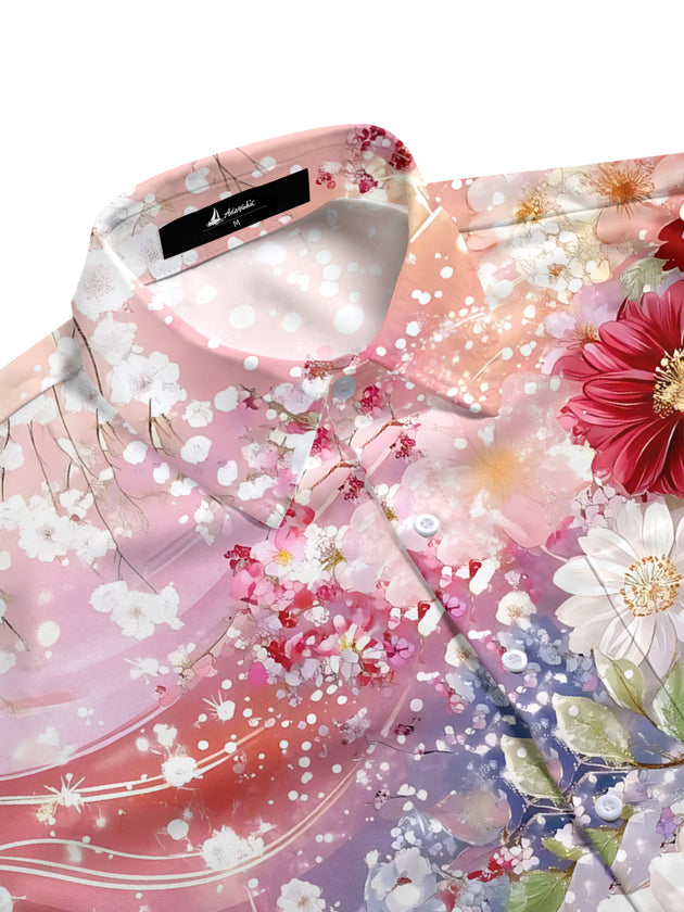 Men's floral print short sleeve shirt side view with botanical pattern