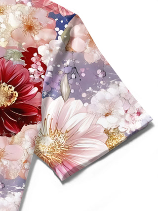 Men's floral print short sleeve shirt pocket stitching detail close-up