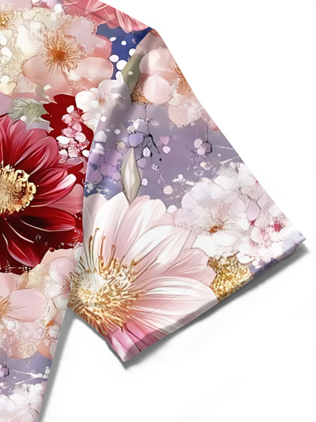 Men's floral print short sleeve shirt pocket stitching detail close-up