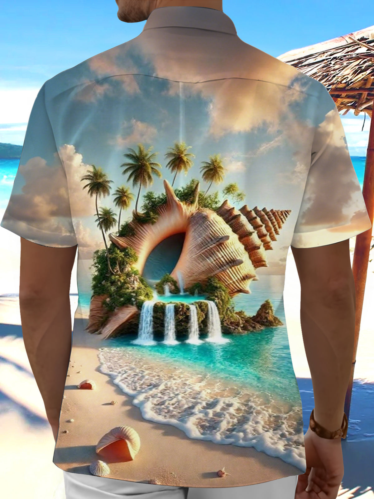 Men's conch print pocket short sleeve shirt back view