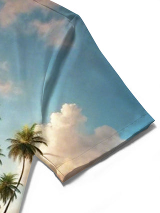 Men's conch print pocket short sleeve shirt fabric texture close-up