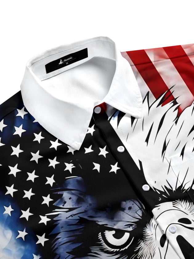 Men's blue half sleeve patriotic print shirt side view