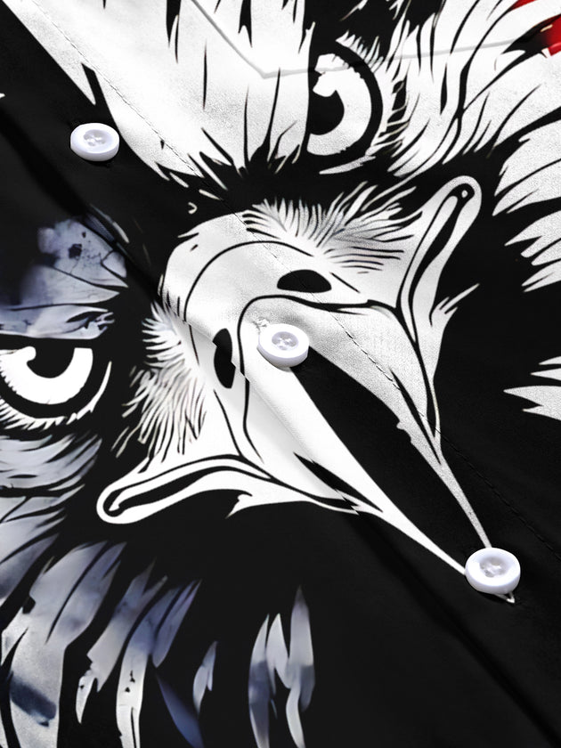Men's short sleeve shirt with eagle American flag print pattern flat lay view