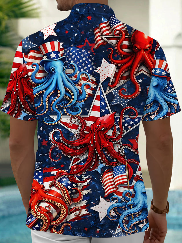 Men's American flag octopus Hawaiian print short sleeve shirt back view