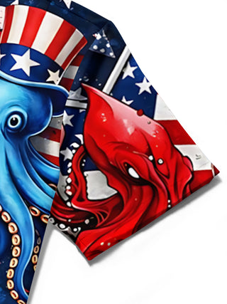 Men's American flag octopus Hawaiian print short sleeve shirt close-up stitching detail