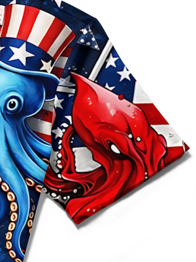 Men's American flag octopus Hawaiian print short sleeve shirt close-up stitching detail