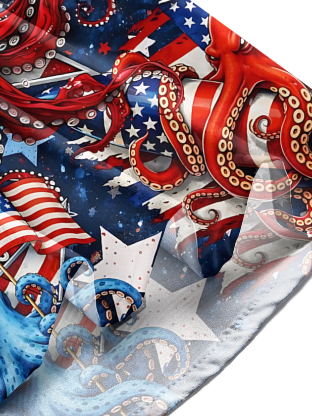 Men's American flag octopus Hawaiian print short sleeve shirt front view on Independence Day