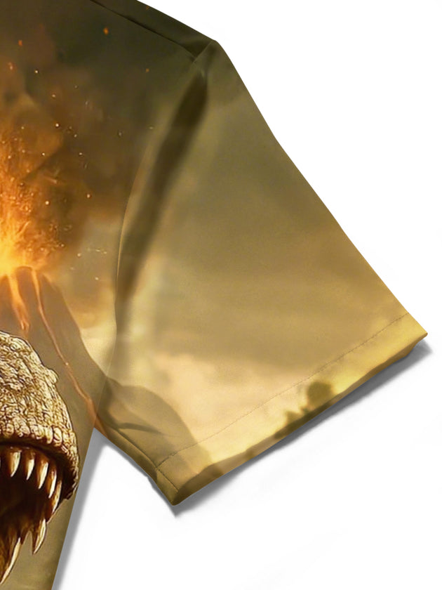men's dinosaur print shirt close-up short sleeve