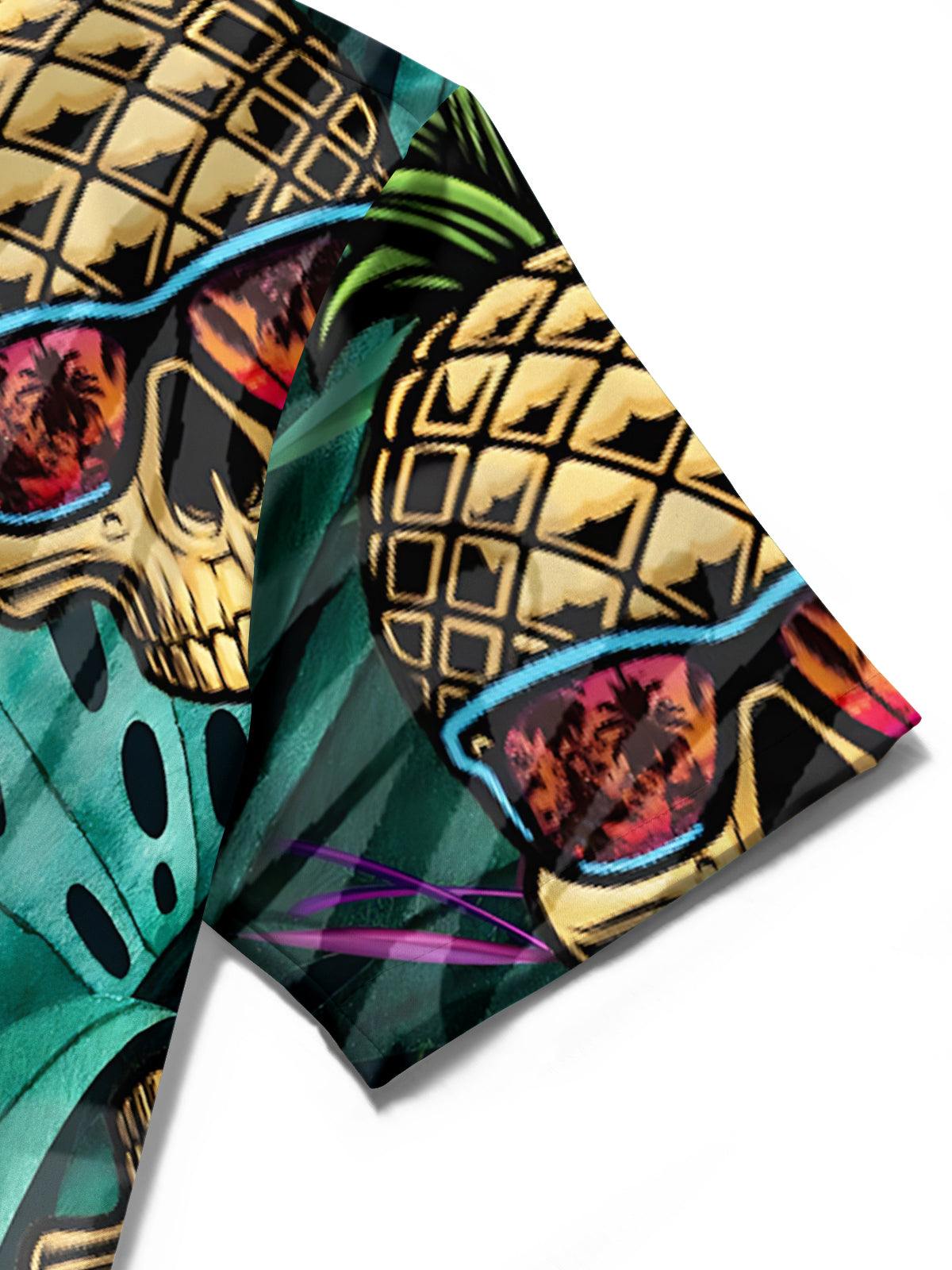 Hawaiian Pineapple Skull Plant Print Men's Pocket Short Sleeve Shirts