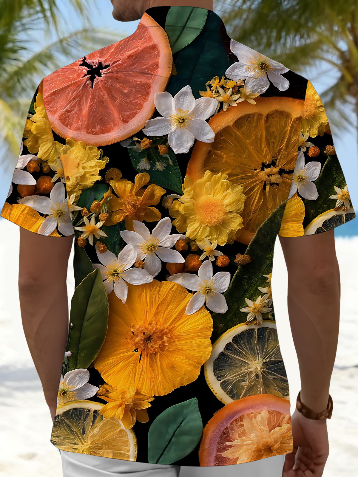 Men's citrus flower print pocket short sleeve shirt back view