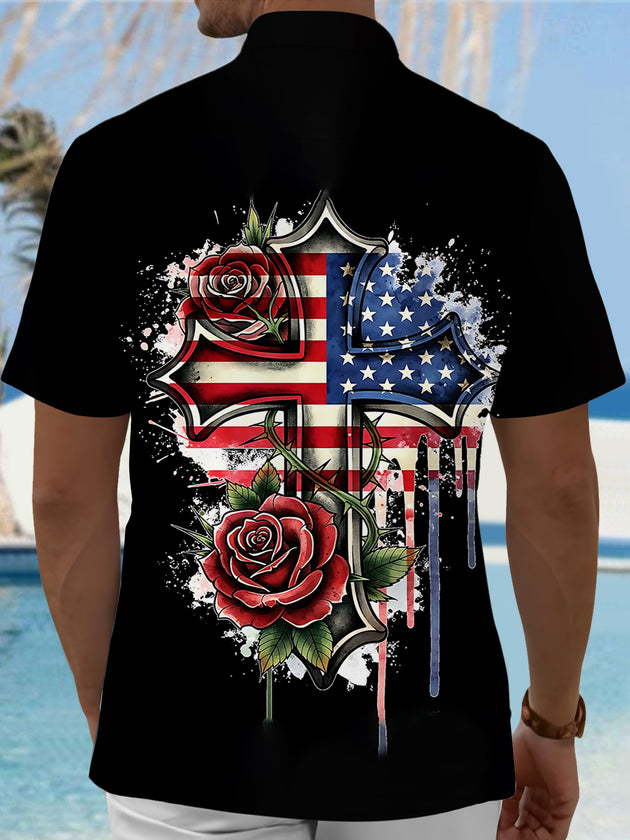 Men's American flag cross rose flower print short sleeve shirt back view
