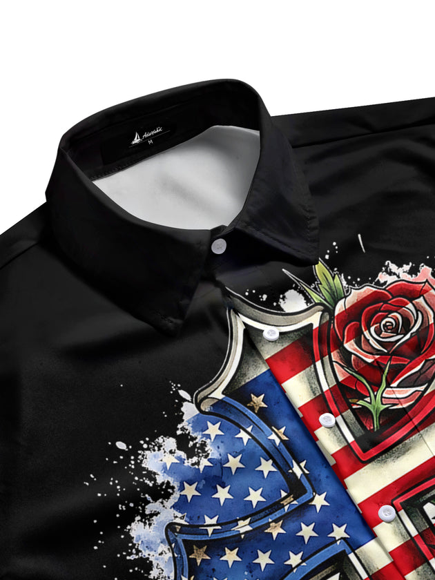 Men's patriotic USA flag cross rose flower print short sleeve shirt side view