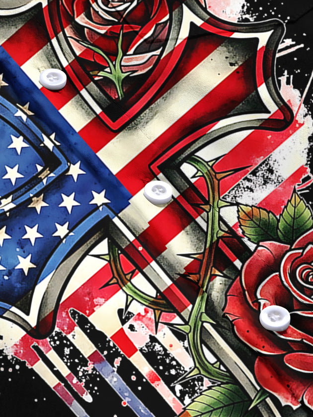 Men's American flag cross rose flower print short sleeve shirt flat lay pattern detail
