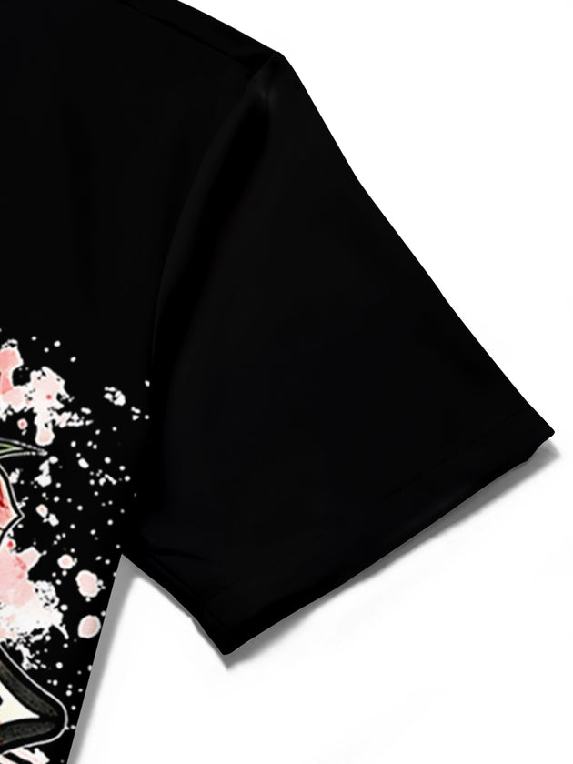 Men's American flag print short sleeve shirt close-up fabric texture detail