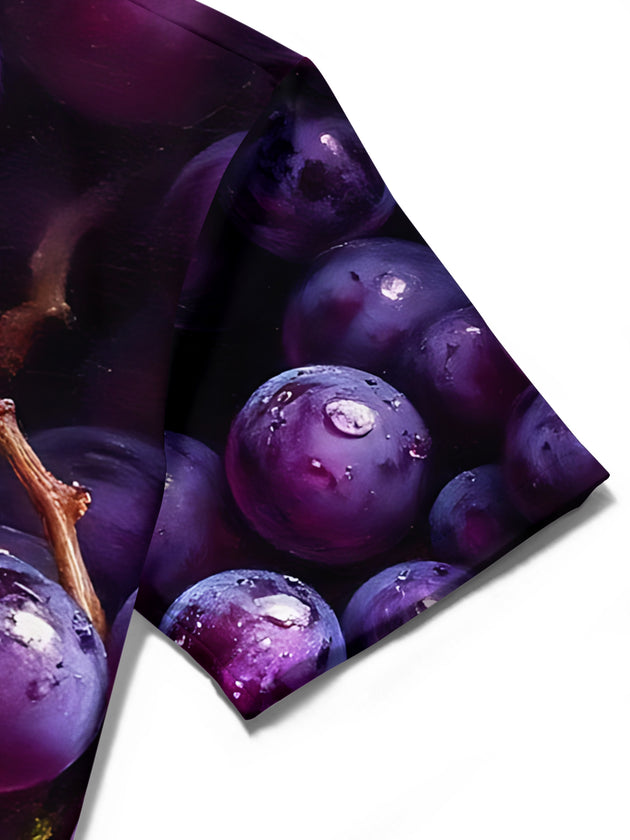 Men's grape print short sleeve pocket shirt close-up detail of stitching