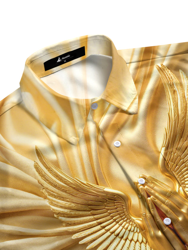 Men's golden wings praying hand print pocket half sleeve shirt side view