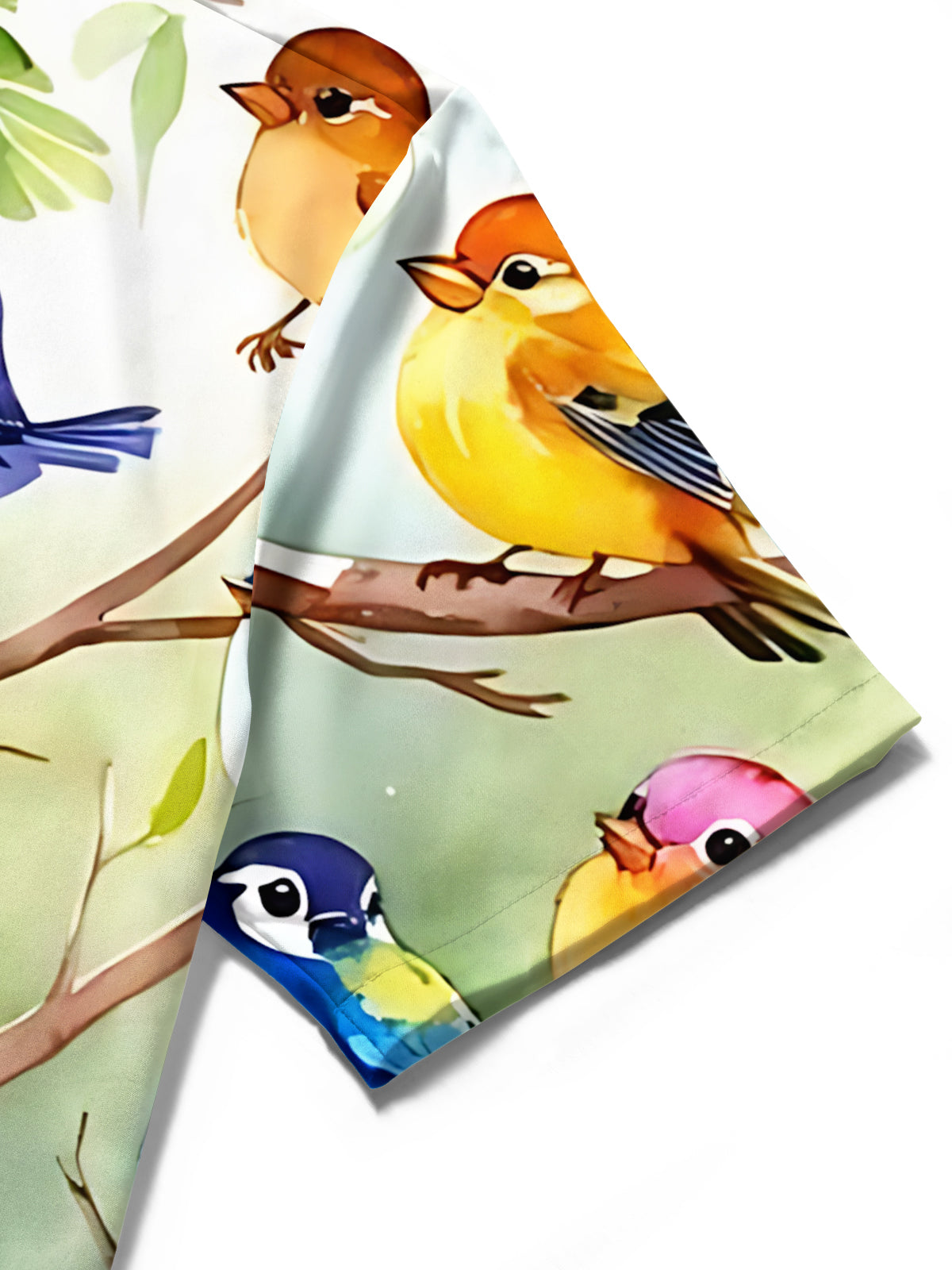 Men's bird branch print short sleeve shirt close-up detail of fabric texture