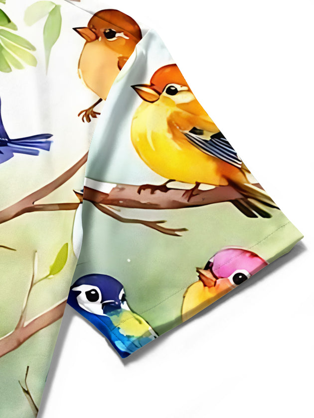Men's bird branch print short sleeve shirt close-up detail of fabric texture