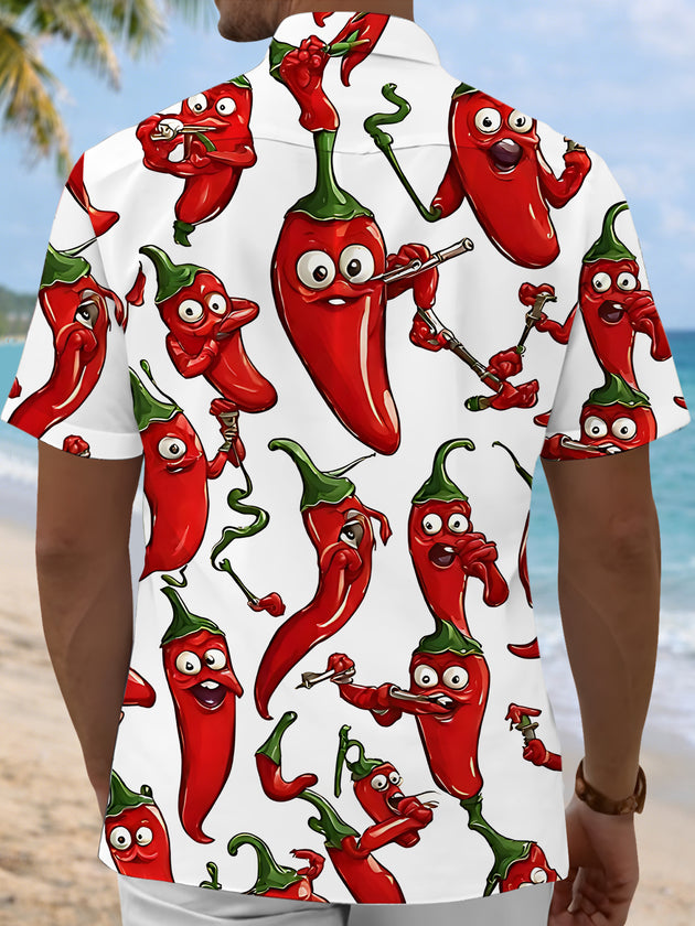 Men's red funny chili print short sleeve shirt back view