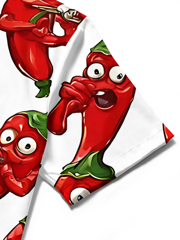 Men's funny chili print short sleeve shirt pocket stitching close-up