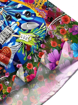 Men wearing guitar hippie art print pocket short sleeve shirt at outdoor festival lifestyle view