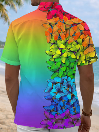 Men's rainbow gradient butterfly print pocket short sleeve shirt back view