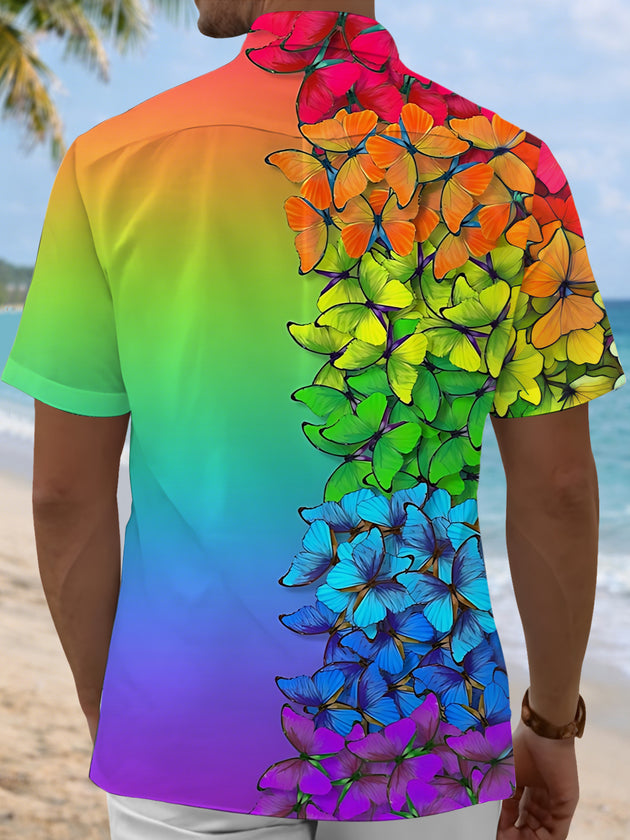 Men's rainbow gradient butterfly print pocket short sleeve shirt back view