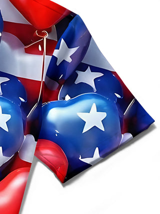 Men's American flag heart balloon print short sleeve shirt detail close-up