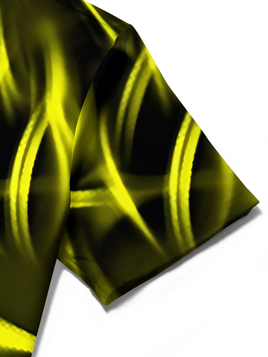 Men's abstract print short sleeve shirt close-up detail view