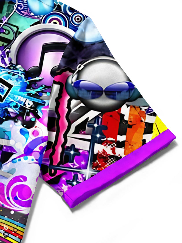 men's music print shirt close-up short sleeve